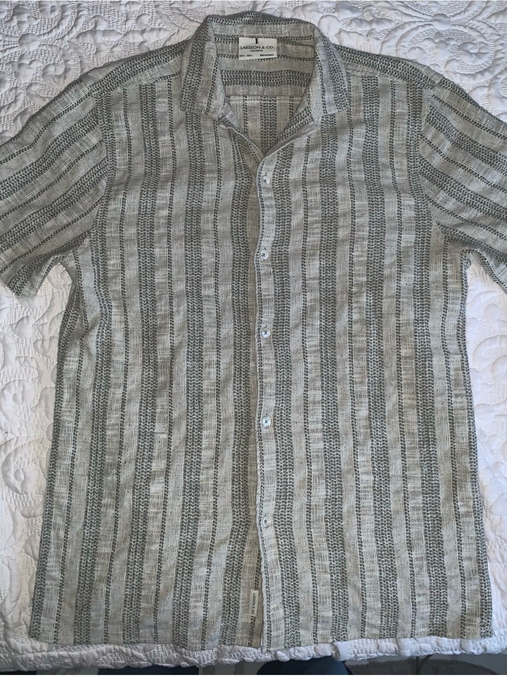 Larson & Co Elias - Stripe Jacquard Short Sleeve Shirt Button- Beige/Olive L